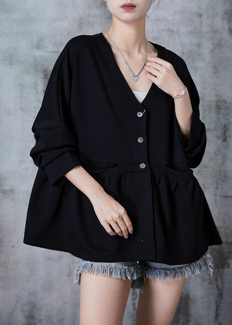 Black Patchwork Cotton Loose Jacket V Neck Fall