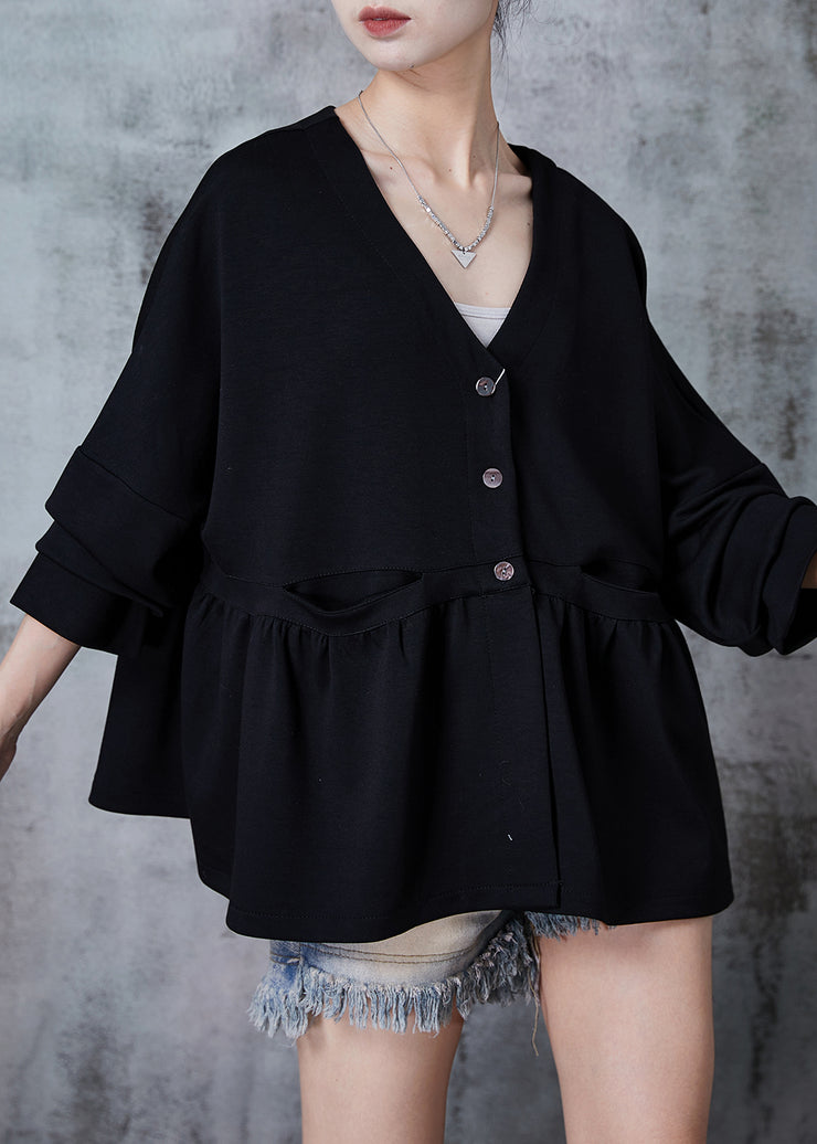 Black Patchwork Cotton Loose Jacket V Neck Fall