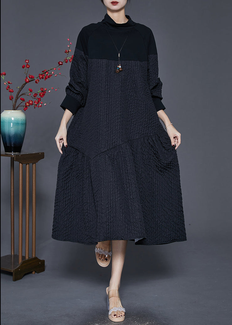 Black Patchwork Cotton Maxi Dresses Turtle Neck Spring