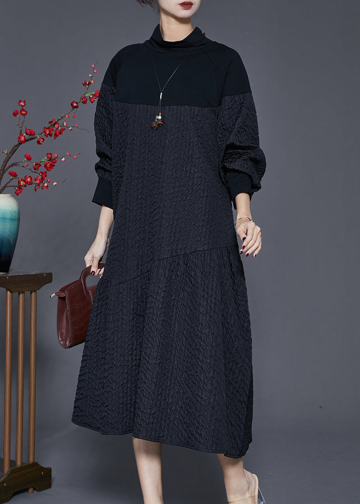 Black Patchwork Cotton Maxi Dresses Turtle Neck Spring