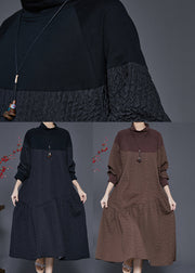 Black Patchwork Cotton Maxi Dresses Turtle Neck Spring