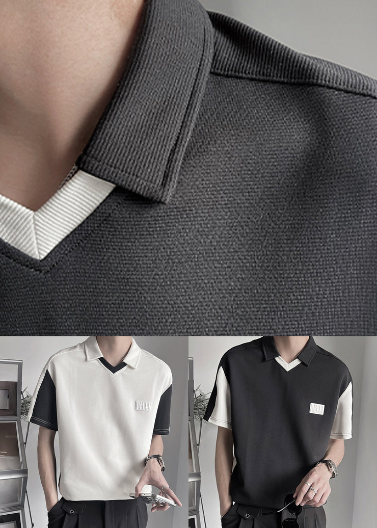 Black Patchwork Cotton Mens Graphic Polo Shirts Peter Pan Collar Short Sleeve