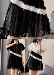 Black Patchwork Cotton Mini Dresses Oversized Wrinkled Summer