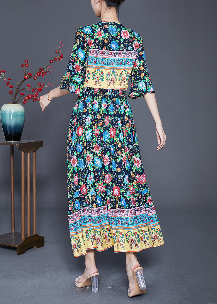 Black Patchwork Cotton Robe Dresses Elastic Waist Print Summer