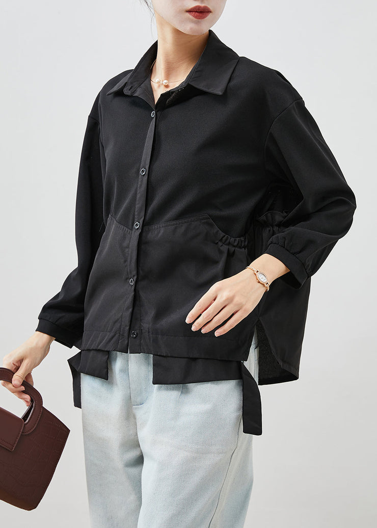 Black Patchwork Cotton Shirt Top Asymmetrical Wrinkled Fall