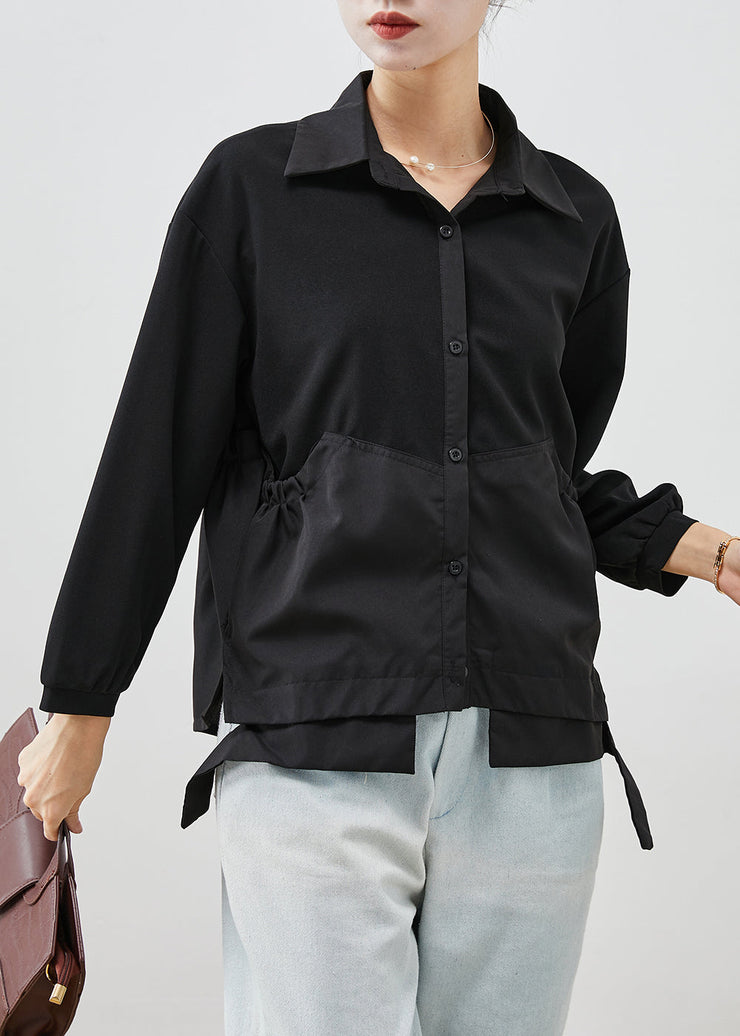 Black Patchwork Cotton Shirt Top Asymmetrical Wrinkled Fall