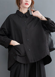 Black-floral Patchwork Cotton Shirt Top Oversized Pockets Fall