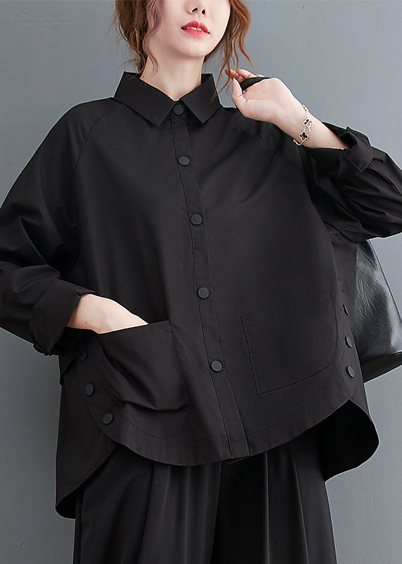 Black Patchwork Cotton Shirt Top Oversized Pockets Fall