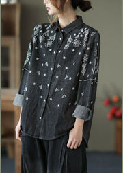 Black Patchwork Cotton Shirt Top Peter Pan Collar Embroideried Spring