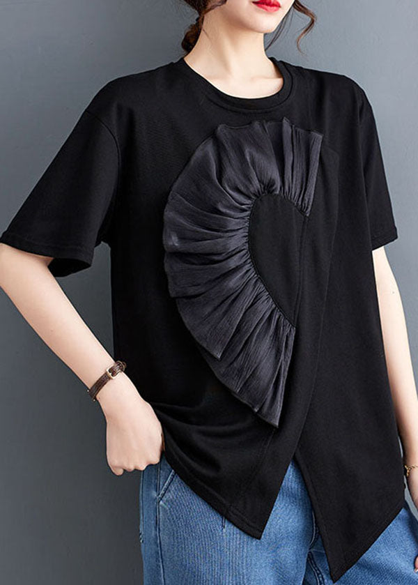 Black Patchwork Cotton T Shirt Tops Asymmetrical O Neck Summer