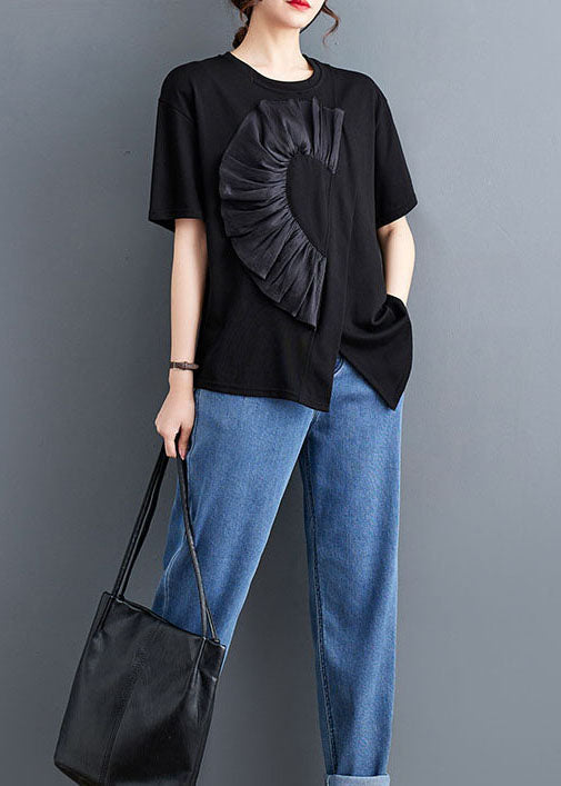 Black Patchwork Cotton T Shirt Tops Asymmetrical O Neck Summer