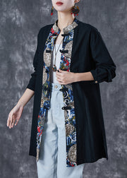 Black Patchwork Cotton Top Oversized Chinese Button Fall