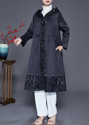 Black Patchwork Cotton Trench Embroideried Hooded Fall