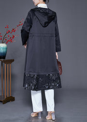 Black Patchwork Cotton Trench Embroideried Hooded Fall