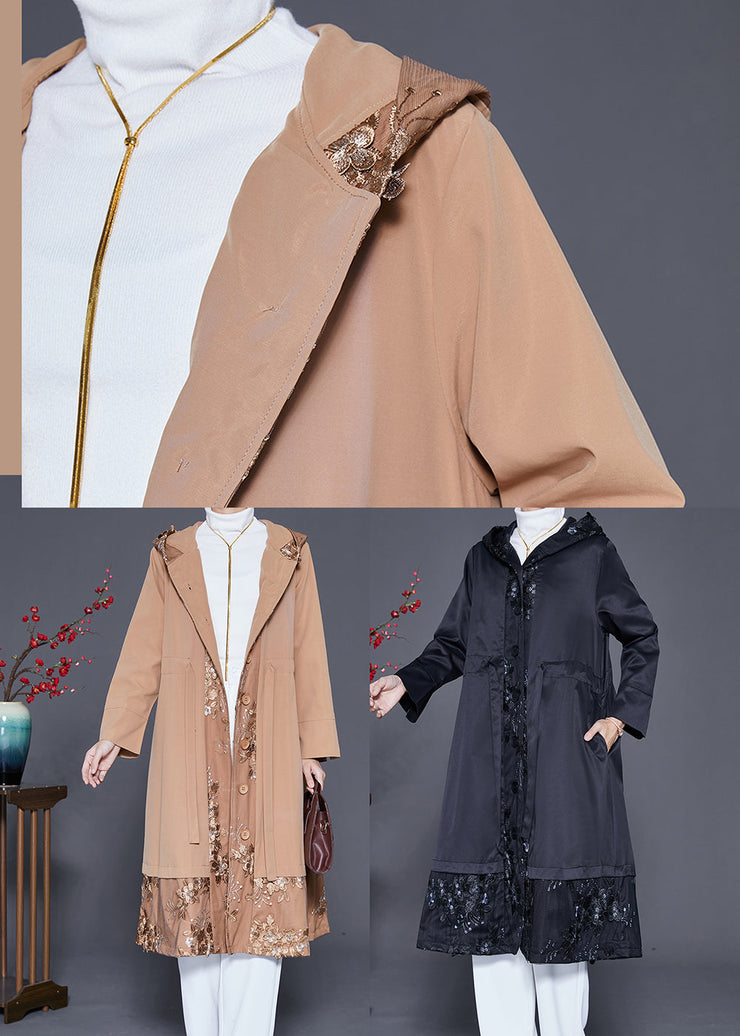 Black Patchwork Cotton Trench Embroideried Hooded Fall