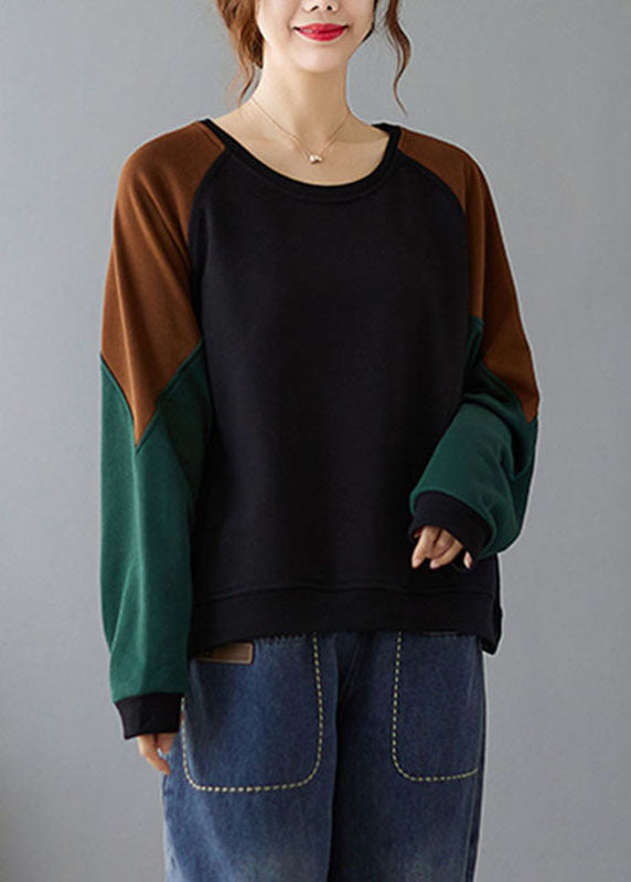 Black Patchwork Cozy Pullover Long Sleeve