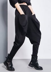 Black Patchwork Elastic Waist Cotton Pants Fall