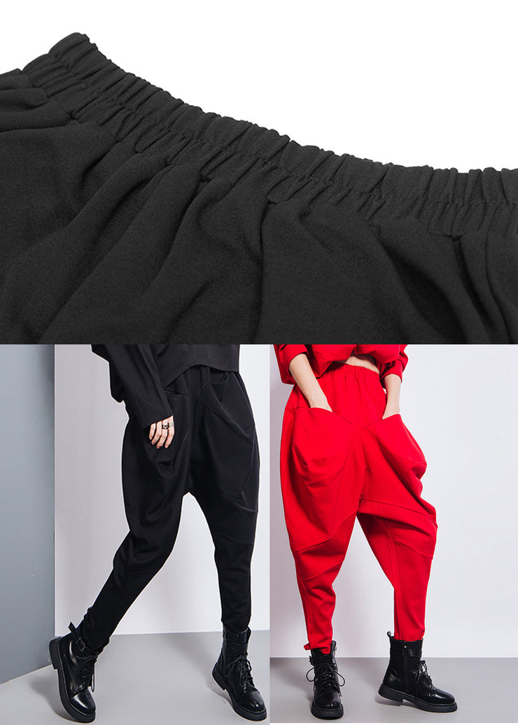 Black Patchwork Elastic Waist Cotton Pants Fall