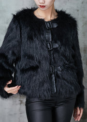 Black Patchwork Faux Fur Coat O-Neck Winter