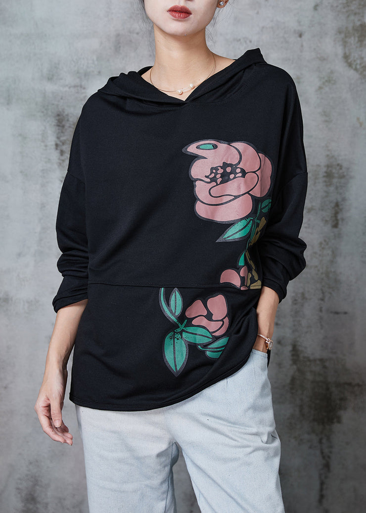 Black Patchwork Floral Cotton Sweatshirt Oversized Spring