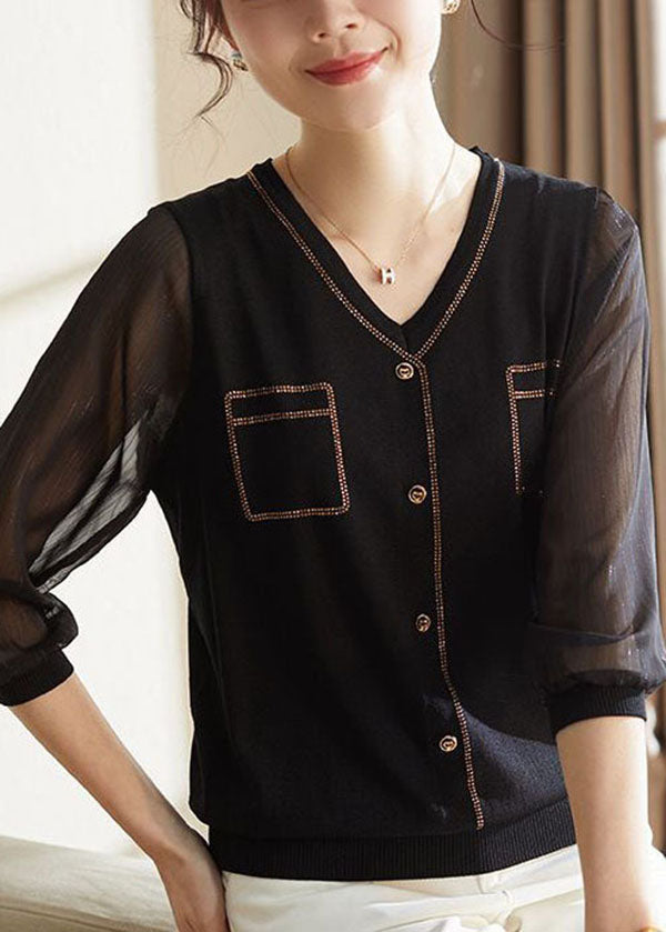 Black Patchwork Knit Blouse Tops V Neck Bracelet Sleeve