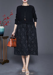 Black Patchwork Knit Holiday Dresses Jacquard Fall