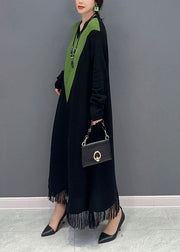 Black Patchwork Knit Long Dress V Neck Tassel Spring