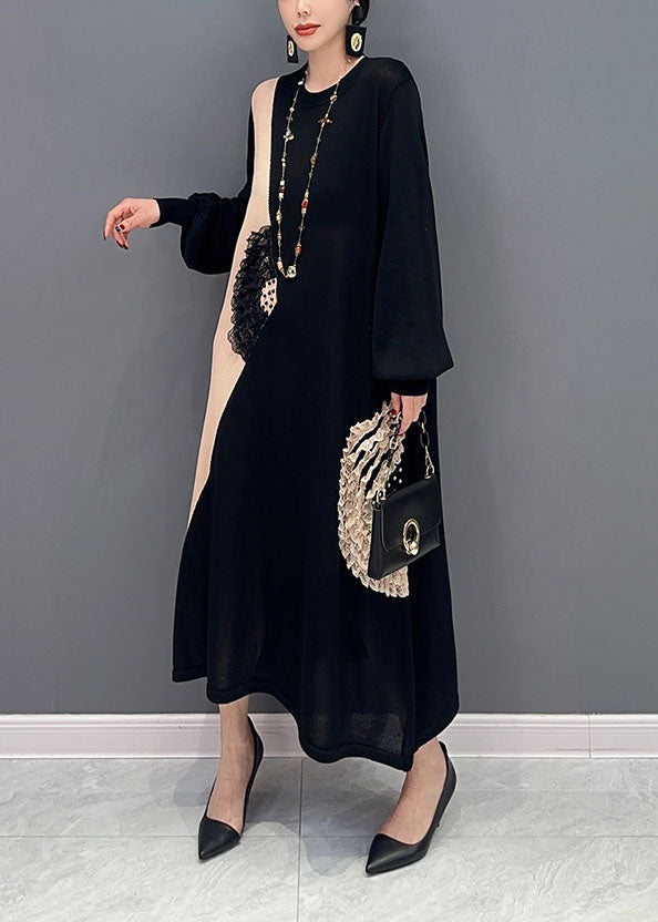 Black Patchwork Knit Long Dresses O-Neck Ruffled Summer