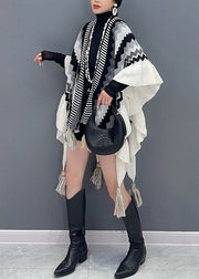 Black Patchwork Knit Loose Shawl Tasseled Ruffled Fall