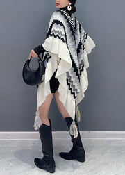 Black Patchwork Knit Loose Shawl Tasseled Ruffled Fall