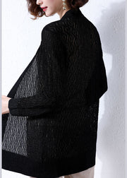 Black Patchwork Knit Women Cardigans Embroideried Hollow Out Fall