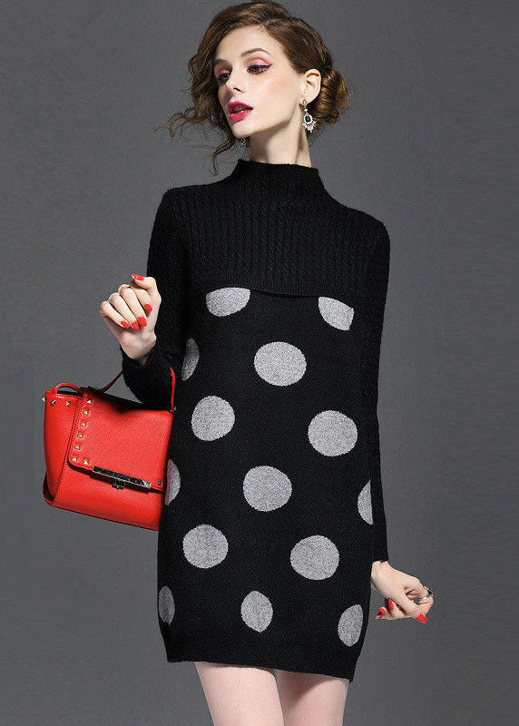 Black Patchwork Knitwear Dress Stand Collar Dot Print Long Sleeve