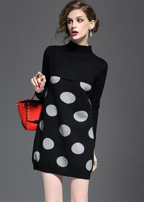 Black Patchwork Knitwear Dress Stand Collar Dot Print Long Sleeve