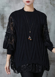 Black Patchwork Lace Knit Tops Oversized Spring