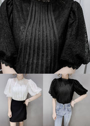 Black Patchwork Lace Tops Hollow Out Wrinkled Puff Sleeve