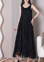 Black Patchwork Lace Vacation Dresses Exra Large Hem Summer