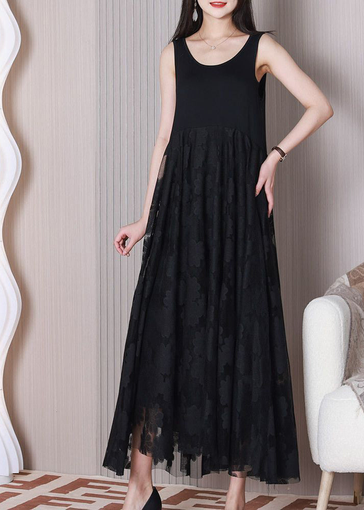 Black Patchwork Lace Vacation Dresses Exra Large Hem Summer