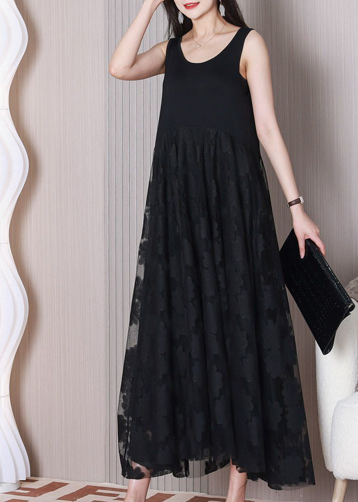 Black Patchwork Lace Vacation Dresses Exra Large Hem Summer