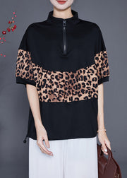 Black Patchwork Leopard Cotton Sweatshirts Top Drawstring Summer