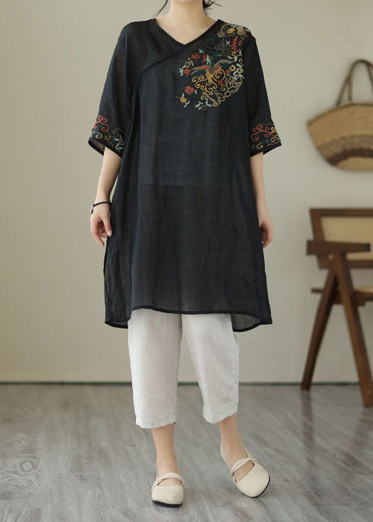 Black Patchwork Linen Mid Dress Embroideried V Neck Summer