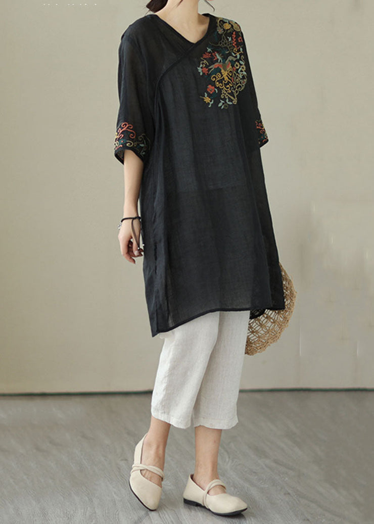 Black Patchwork Linen Mid Dress Embroideried V Neck Summer