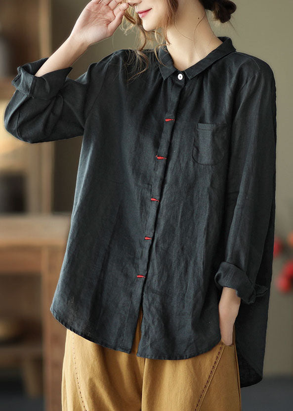 Black-flowers Patchwork Linen Shirt Peter Pan Collar Embroideried Spring