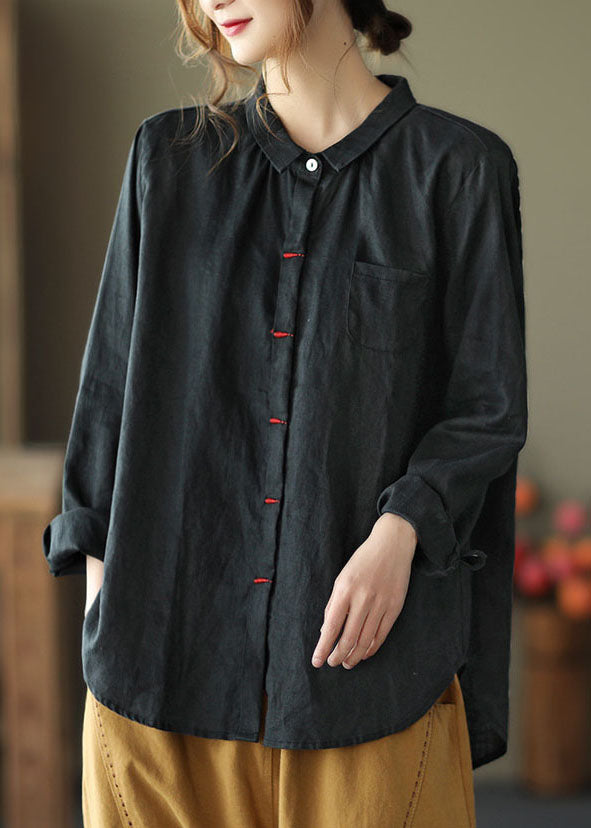 Black-flowers Patchwork Linen Shirt Peter Pan Collar Embroideried Spring