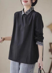 Black Patchwork Linen Shirt Peter Pan Collar Wrinkled Spring