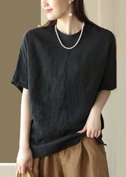 Black Patchwork Linen T Shirt Top O Neck Button Summer