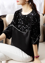 Black Patchwork Loose Cotton Sweatshirt O Neck Long Sleeve