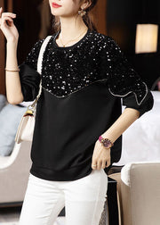 Black Patchwork Loose Cotton Sweatshirt O Neck Long Sleeve