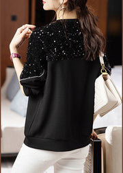 Black Patchwork Loose Cotton Sweatshirt O Neck Long Sleeve