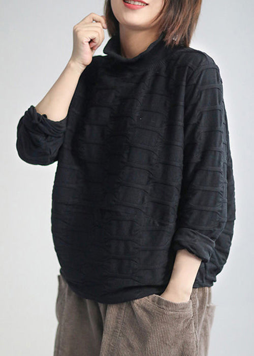 Black Patchwork Loose Warm Fleece Turtleneck Long Sleeve