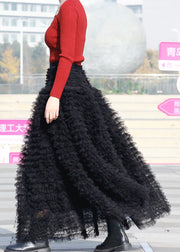 Black Patchwork Original Tulle Skirts Ruffled High Waist Spring